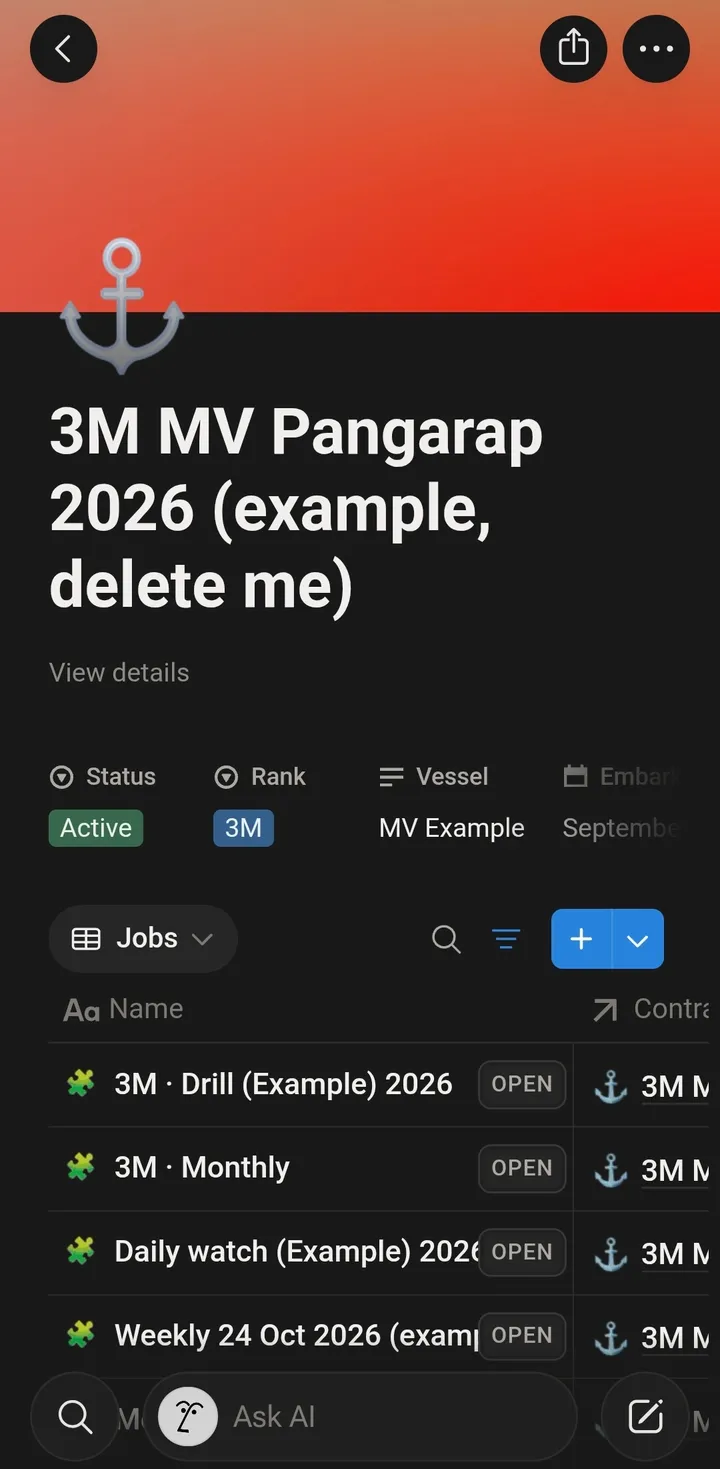 A contract page with its tasks in Notion on a phone